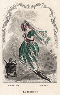 Застенчивая Мимоза и джентльмен жук. Les Fleurs Animées par J.-J Grandville. Париж, 1847