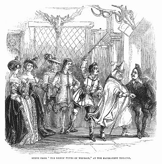 Сцена из комедии английского драматурга и поэта Уильяма Шекспира (1564 -- 1616 гг.) в пяти действиях "Виндзорские насмешницы", написанной в 1597 году. Постановка 1844 года в лондонском театре Хеймаркет (The Illustrated London News №91 от 27/01/1844 г.)