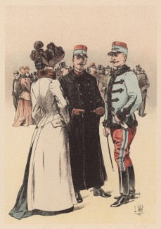 1890-е гг. Французские кавалерийские офицеры (кирасир и гусар) на скачках (из "Иллюстрированной истории верховой езды", изданной в Париже в 1893 году)