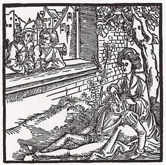 Далила отрезает волосы Самсону (иллюстрация к книге "Рыцарь Башни", гравированная Дюрером в 1493 году)