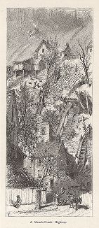 Дома и улицы городка на склоне горы Мок-Чанк, штат Пенсильвания.Лист из издания "Picturesque America", т.I, Нью-Йорк, 1872.