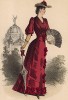 Ярко-красное платье для прогулки, украшенное бантами. Из французского модного журнала Le Coquet, выпуск 256, 1889 год