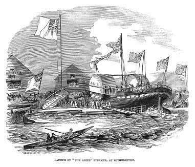 Спуск на воду парохода британского флота "Ариэль", построенного в 1844 году на верфи в районе Ротерхайт под Лондоном судостроителем мистером Томпсоном (The Illustrated London News №103 от 20/04/1844 г.)