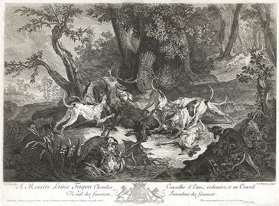 Охота на оленя. Гравюра с живописного оригинала Жана-Батиста Удри. 