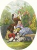 Дама с детьми собирает цветы в саду. Из альбома литографий Paris. Miroir de la mode, посвящённого французской моде 1850-60 гг. Париж, 1959