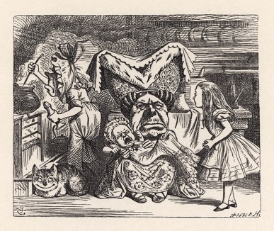 Посредине на колченогом табурете сидела Герцогиня и качала младенца (иллюстрация Джона Тенниела к книге Льюиса Кэрролла «Алиса в Стране Чудес», выпущенной в Лондоне в 1870 году)