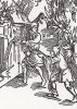 Дурак на пожаре (иллюстрация к главе 58 книги Себастьяна Бранта "Корабль дураков", гравированная Дюрером в 1494 году)