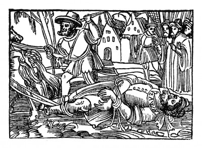 Святого Христофора тащат к месту казни. Из "Жития Святого Христофора" (S. Christops Geburt und Leben) неизвестного немецкого мастера. Издал Johann Weyssenburger, Ландсхут, 1520. 