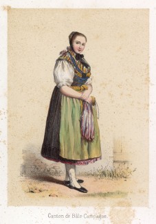 Крестьянка из кантона Базель-Ланд в традиционном костюме. Сoutumes suisses dessinés d'aprés nature, par J.Suter. Париж, 1840