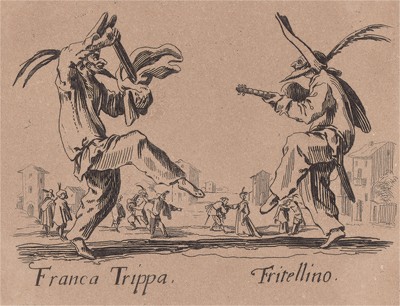 Франка Триппа и Фрителлино (Franca Trippa - Fritellino). Из цикла офортов конца 19 века, выполненного по серии гравюр Жака Калло "Balli Di Sfessania" (Танцы беззадых (бескостных)), в которой он изобразил персонажей итальянской "Комедии дель Арте"