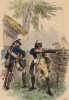 Прусские пехотинцы полка принца Генриха в бою (униформа образца 1751--1759 гг.) (иллюстрация Адольфа Менцеля к известной работе Эдуарда Ланге "Солдаты Фридриха Великого", изданной в Лейпциге в 1853 году)