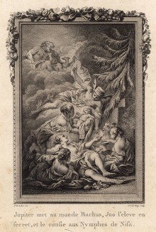Юпитер передаёт сына Вакха на воспитание сестре погибшей Семелы Ино, а затем нимфам в Нису (гравюра из первого тома знаменитой поэмы "Метаморфозы" древнеримского поэта Публия Овидия Назона. Париж, 1767 год)