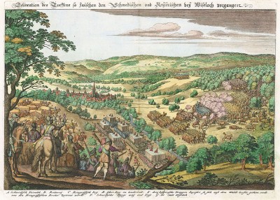 Тридцатилетняя война 1618-48 гг. Сражение при Вислохе 26 апреля 1622 г. Гравюра середины XVII века