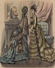 "Новый русский базар" - главный модный глянец для столичных модниц Российской империи с цветными иллюстрациями и даже с выкройками. Платья с кистями, шляпки, украшенные цветами, шлейфы с оборками - мода 1870-х. 