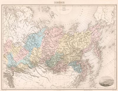 Карта Сибири с гравированным изображением Тобольска из "Nouvel Atlas Illustre Geographie Universelle" Межона, Париж, 1892 год