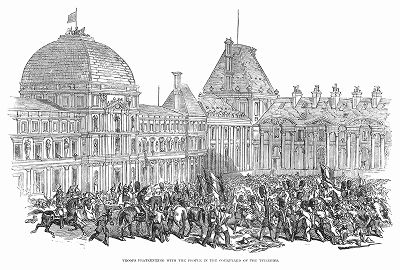 Французские военные, обнимающиеся с толпой у стен королевского дворца Тюильри в Париже во время буржуазно--демократической Революции 1848 года, свергнувшей короля Луи--Филиппа I (The Illustrated London News №305&306 от 04/03/1848 г.)