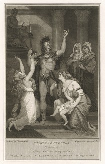 Иллюстрация к пьесе Шекспира "Троил и Крессида", акт V, сцена III: Андромаха и Кассандра умоляют Гектора не отправляться на битву, где он будет убит Ахиллом.  Graphic Illustrations of the Dramatic works of Shakspeare, Лондон, 1803.