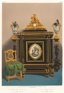 Комод чёрного дерева, украшенный бронзовыми вставками, вазонами и часами; стул со спинкой в форме лиры. Каталог Всемирной выставки в Лондоне 1862 года, т.2, л.181