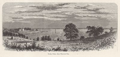 Маяк Скалистый, вид от пристани Варвик. Провиденс, штат Род-Айленд. Лист из издания "Picturesque America", т.I, Нью-Йорк, 1872.