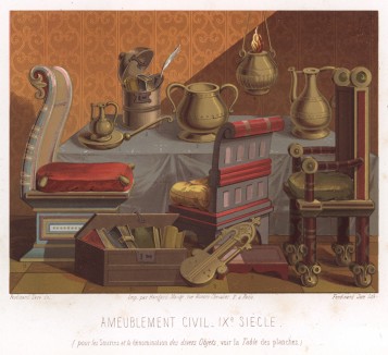Ящик для письменных принадлежностей, мебель и другие предметы быта европейцев в Средние века (из Les arts somptuaires... Париж. 1858 год)
