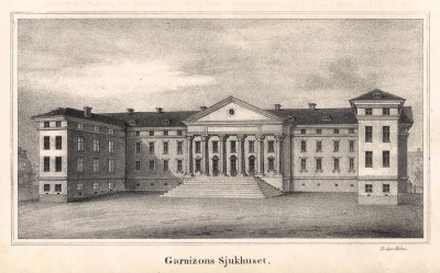 Больница Святой Серафимы и здание военного госпиталя в Стокгольме. Stockholm forr och NU. Стокгольм, 1837