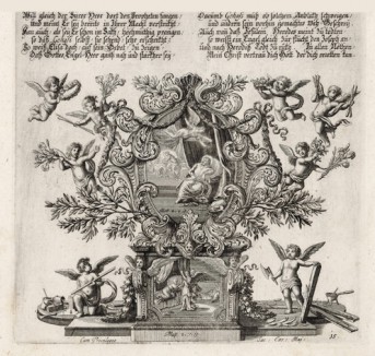 Явление ангела Иосифу с предупреждением о готовящемся избиении младенцев в Вифлееме (из Biblisches Engel- und Kunstwerk -- шедевра германского барокко. Гравировал неподражаемый Иоганн Ульрих Краусс в Аугсбурге в 1694 году)