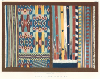 Индийские хлопковые ковры (на базаре в Кашмире в мае 1860 года за каждый ковёр просили 10 тысяч рупий) (Каталог Всемирной выставки в Лондоне. 1862 год. Том 1. Лист 26)