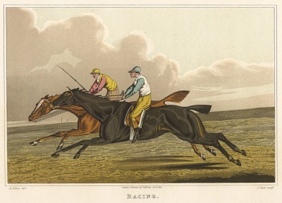 Скачки: жокеи используют два разных стиля управления лошадью - с длинными и короткими вожжами. The National Sports of Great Britain by Henry Alken. Лондон, 1903