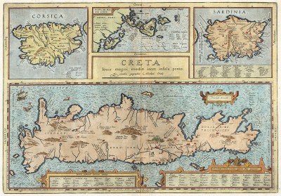 Карта Крита, Корсики, Сардинии и Ионических островов. Creta Iois magni, medio iacet insula ponto. Составил Абрахам Ортелиус. Антверпен, 1612