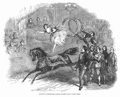 Знаменитая наездница мадемуазель Пальмира Анато, выступающая с конным номером на сцене лондонского театра Друри--Лейн (The Illustrated London News №308 от 18/03/1848 г.)