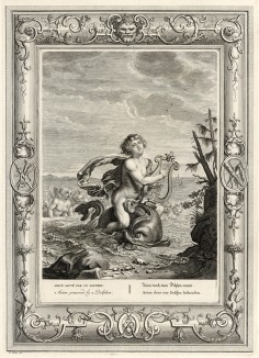 Дельфин, зачарованный пением, спасает Ариона (лист известной работы "Храм муз", изданной в Амстердаме в 1733 году)