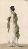 Причёска "полукитайская", а также муслиновое платье с высоким поясом и шаль фисташкового цвета. Из первого французского журнала мод эпохи ампир Journal des dames et des modes, Париж, 1813. Модель № 1284