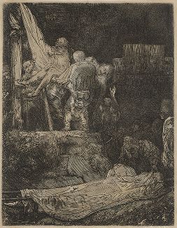 Cнятие с креста при свете факела. Офорт Рембрандта, 1654 год. 