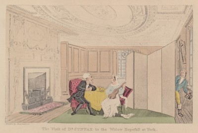 Доктор Синтакс посещает вдову Хопфул в Йорке. Иллюстрация Томаса Роуландсона к поэме Вильяма Комби "Путешествие доктора Синтакса в поисках живописного". Лондон, 1881