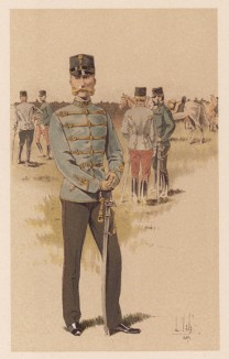 Гусарский офицер армии Австро-Венгрии в повседневной форме одежды (из "Иллюстрированной истории верховой езды", изданной в Париже в 1893 году)