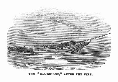 Останки барка британского флота под названием "Кембридж", сгоревшего близ английского города Плимут, расположенного на берегу пролива Ла-Манш (The Illustrated London News №89 от 13/01/1844 г.)