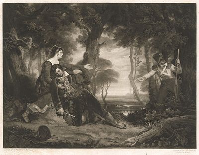 Смерть разбойника. Великолепно выполненная гравюра известного английского художника и гравёра Сэмюэла Рейнольдса по картине художника Чарльза Истлэйка, Лондон, 1826 год.