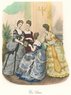 Дамы в роскошных вечерних туалетах. Из альбома литографий Paris. Miroir de la mode, посвящённого французской моде 1850-60 гг. Париж, 1959