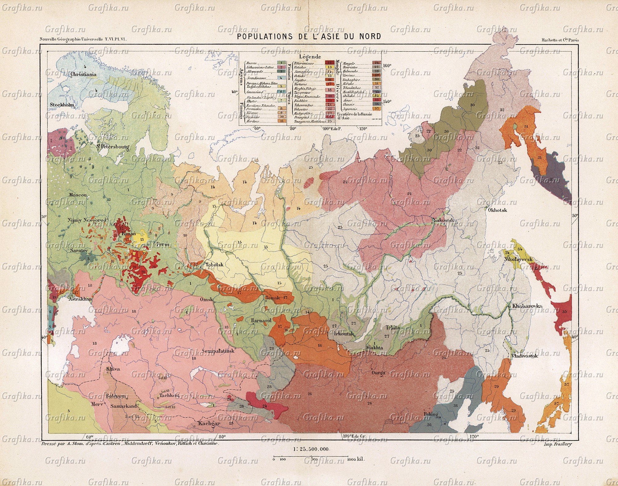 Этнографическая карта Северо-Восточной Азии (Фрайери Э., 1881) — гравюры ирепродукции на Grafika.ru