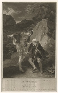 Иллюстрация к комедии Шекспира "Как вам это понравится", акт II, сцена VI: Орландо подбадривает уставшего Адама . Boydell's Graphic Illustrations of the Dramatic works of Shakspeare, Лондон, 1803. 