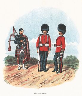 Шотландские гвардейцы. Лист из серии "Военная униформа. Полки Шотландии". Лондон, 1970 год