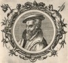 Георгиус Агрикола (1494--1555 гг.) -- врач и один из отцов современной минералогии (лист 38 иллюстраций к известной работе Medicorum philosophorumque icones ex bibliotheca Johannis Sambuci, изданной в Антверпене в 1603 году)