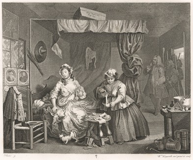 Карьера шлюхи, гравюра 3 «Арест», 1732. Поссорившись с богатым покровителем, Молл вынуждена заниматься проституцией. На гравюре: девушку арестуют судебные приставы. Лондон, 1838