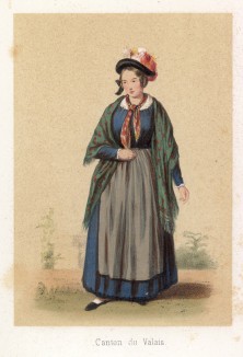 Жительница франкоязычного кантона Вале. Сoutumes suisses dessinés d'aprés nature, par J.Suter. Париж, 1840