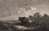 Голландский пейзаж с коровой. Немецкая гравюра середины XVIII века с живописного оригинал Якоба Кобервейна