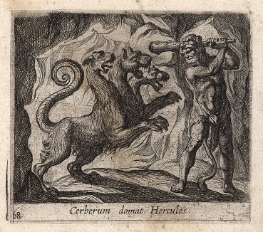 Геркулес покоряет Цербера. Гравировал Антонио Темпеста для своей знаменитой серии "Метаморфозы" Овидия, л.68. Амстердам, 1606