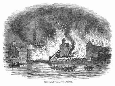Большой разрушительный пожар, случившийся в 1844 году на предприятии по заготовке креветок в английском городе Гравесенд, расположенном на южном берегу реки Темза в графстве Кент (The Illustrated London News №110 от 08/06/1844 г.)