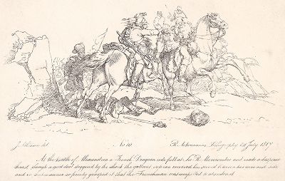 Битва при Александрии 18 марта 1801 г. Английский генерал сэр Ральф Аберкромби (1738-1801) получает смертельный удар палашом от французского драгуна. Лондон, 1814