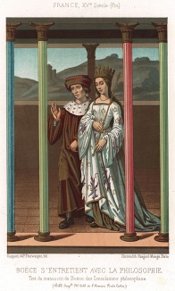 Боэций ведёт утешительную беседу с Философией (средневековая миниатюра из его собственного труда "Утешение философией") (из Les arts somptuaires... Париж. 1858 год)