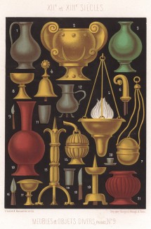 Предметы обстановки для кухни и столовой в средневековой Франции (из Les arts somptuaires... Париж. 1858 год)
